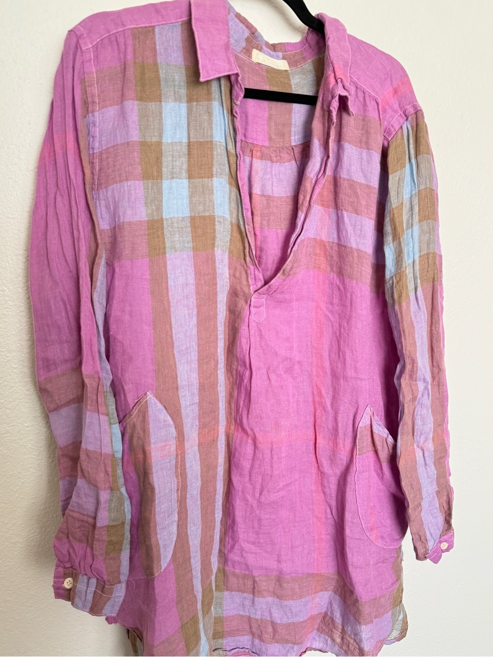 CP Shades 100% Linen Pink Plaid Oversized Tunic Shirt Dress L - Picture 4 of 9